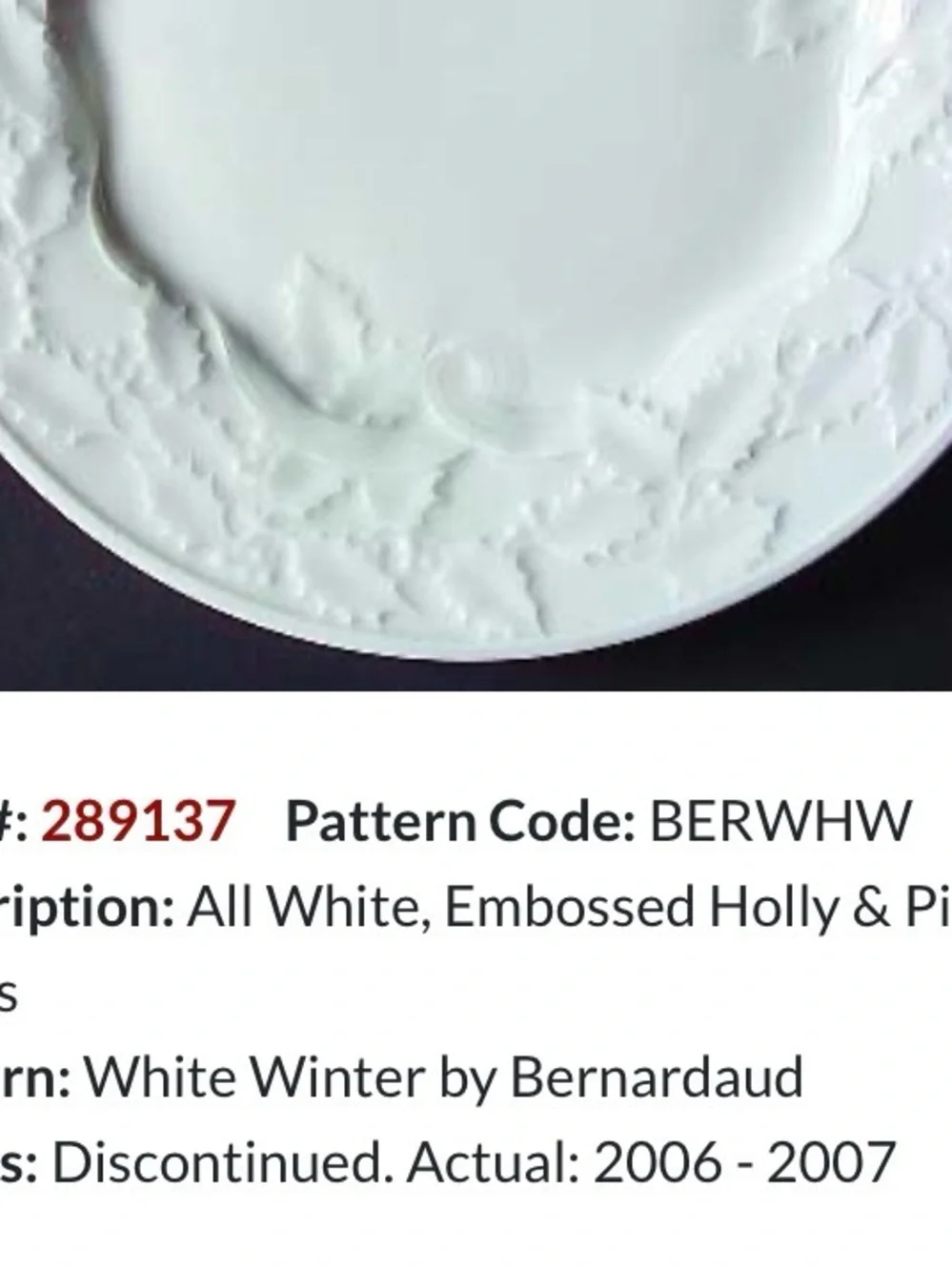 Bernardaud White Embossed Holly Motif Plate